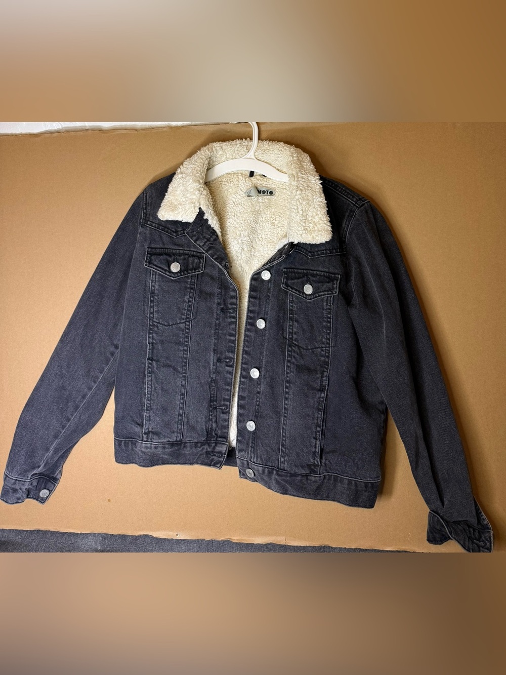Topshop Black Denim Jacket with Cream Sherpa Lining